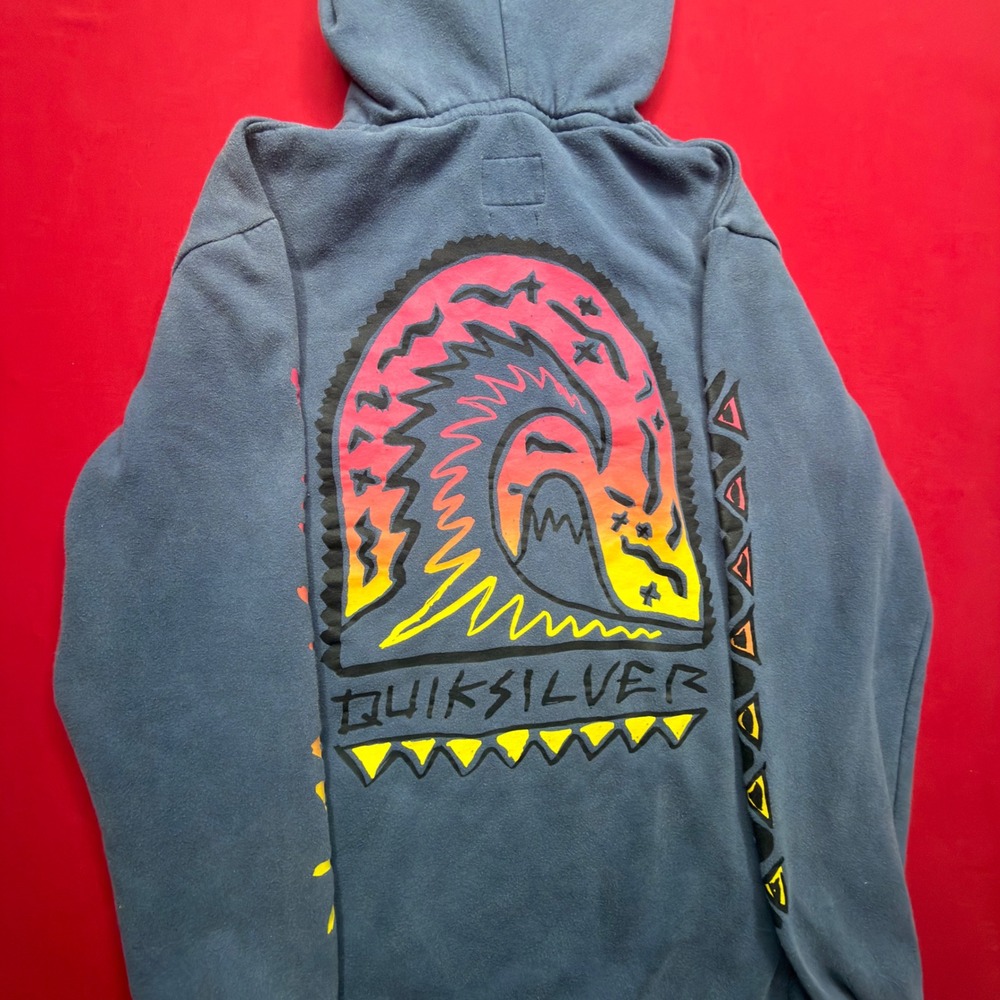 Quiksilver Mens Vintage Y2K 90s Neon Wave Graphic Hoodie Blue Medium